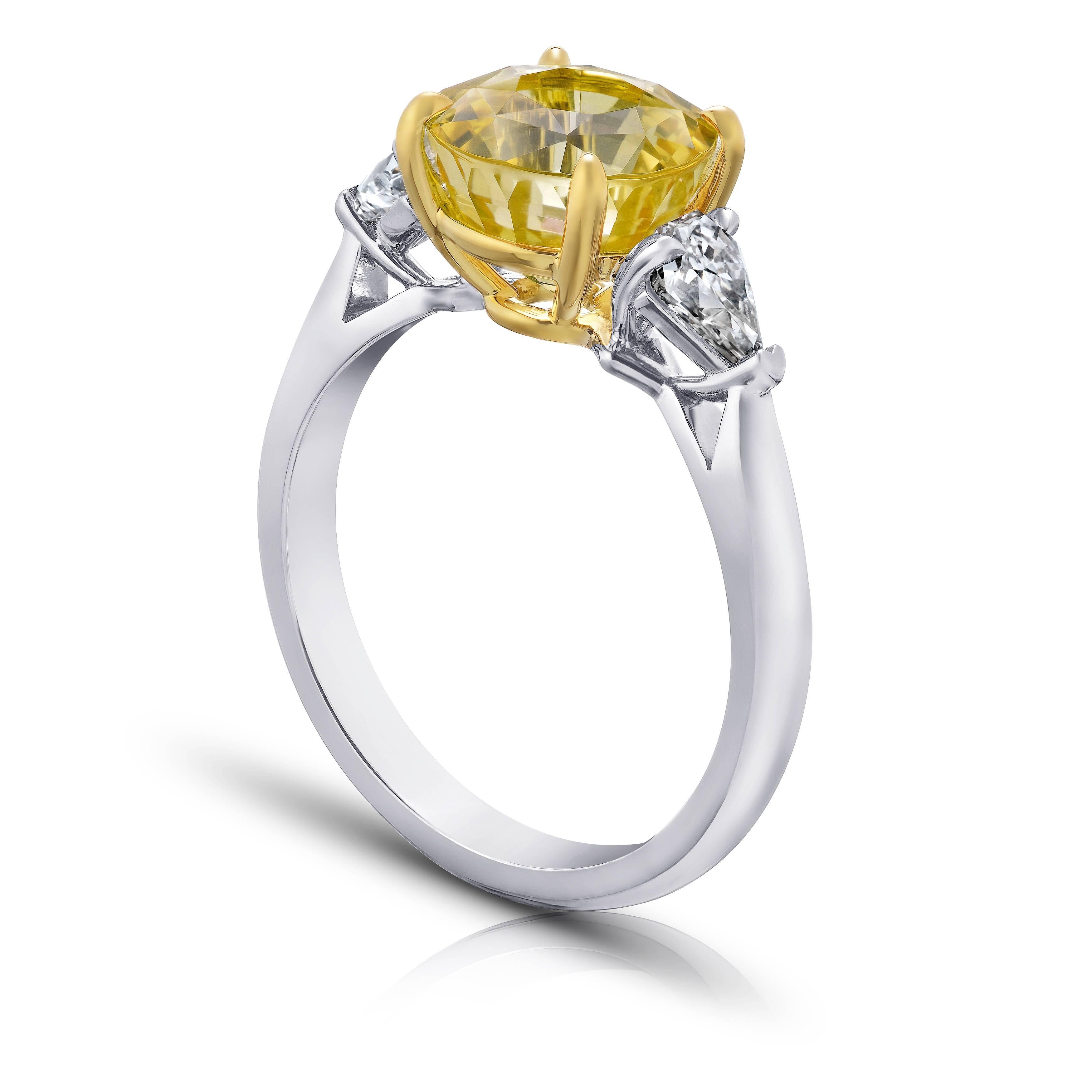 Round Cut 4.55 Carat Round Yellow Sapphire and Diamond Platinum Ring