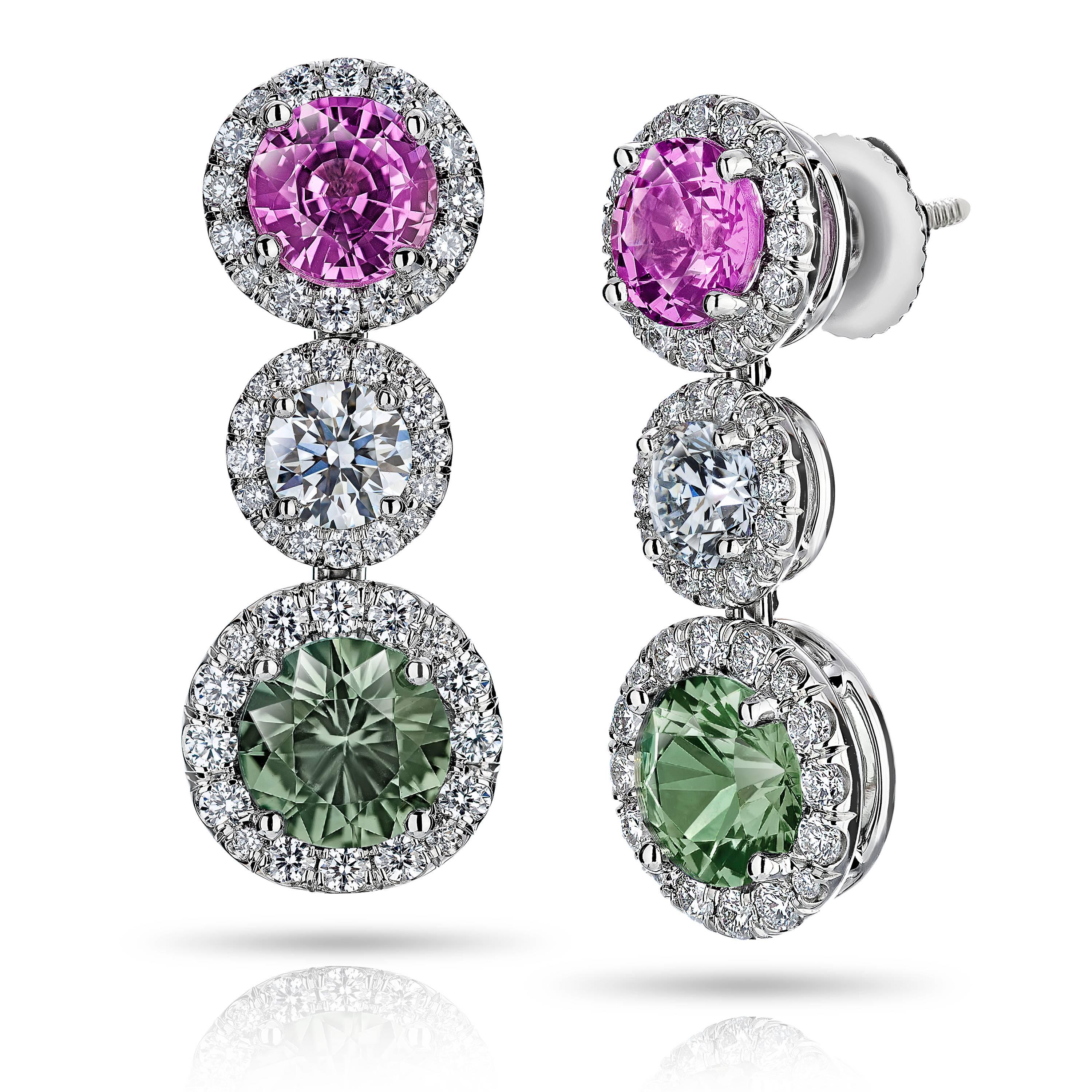 Green and Pink Sapphire and Diamond Drop Earrings, with a total green sapphire weight of 2.35 carats and 1.98 carats of the pink sapphires plus 2 round Diamonds .67 carats (GIA E /VS)  and 96 brilliant cut diamonds weighing .93 carats set in