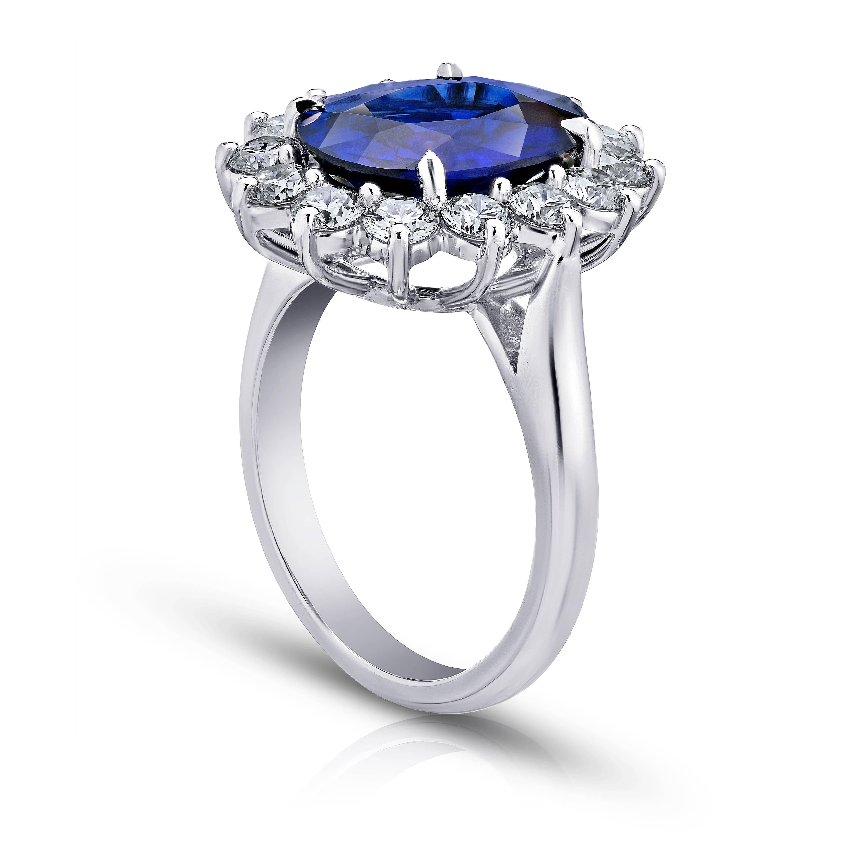 Contemporary 5.55 Carat Oval Blue Sapphire and Diamond Platinum Ring