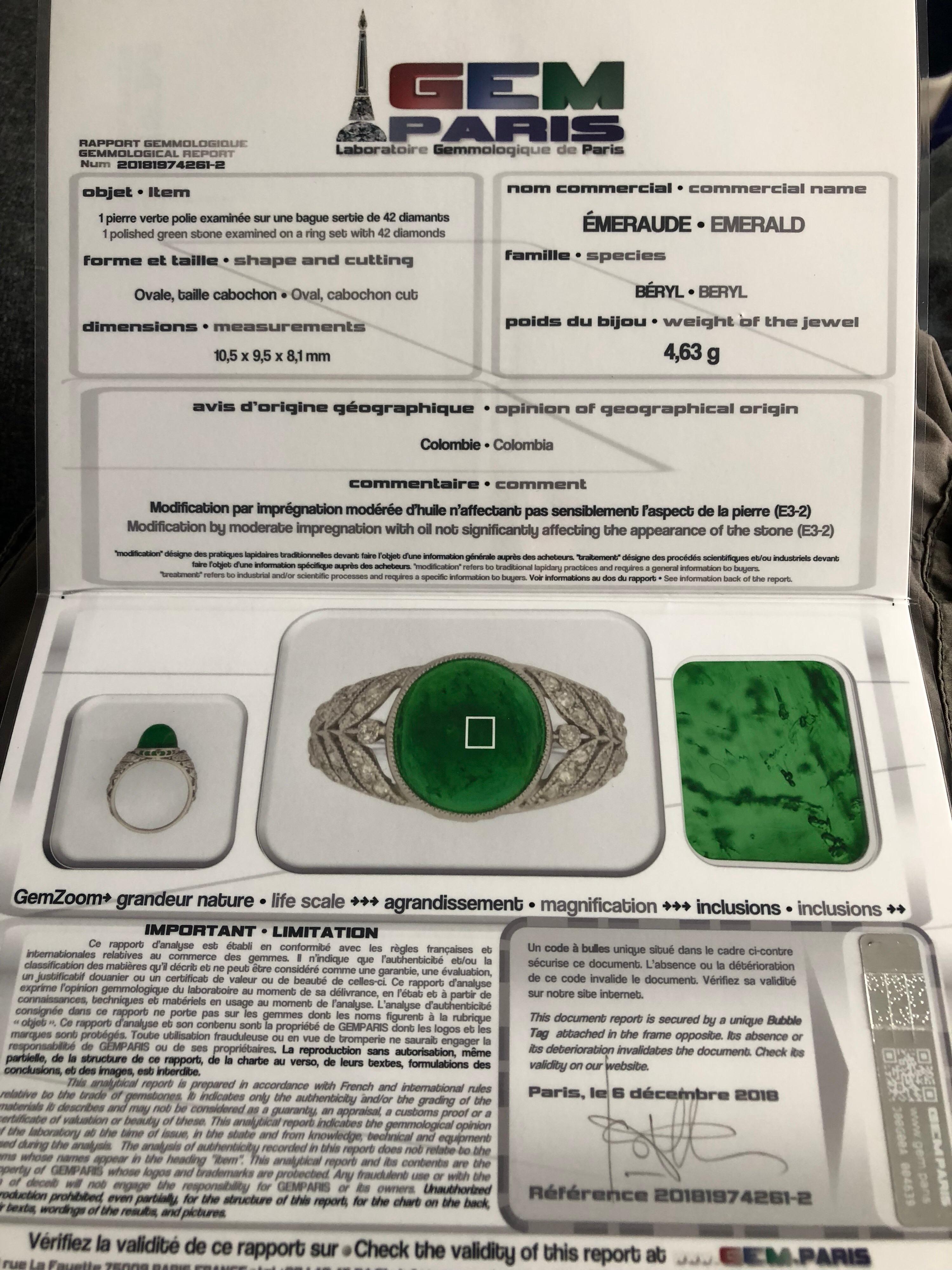 3.50 Carat Antique Colombian Emerald Ring, Platinum and Diamonds 7