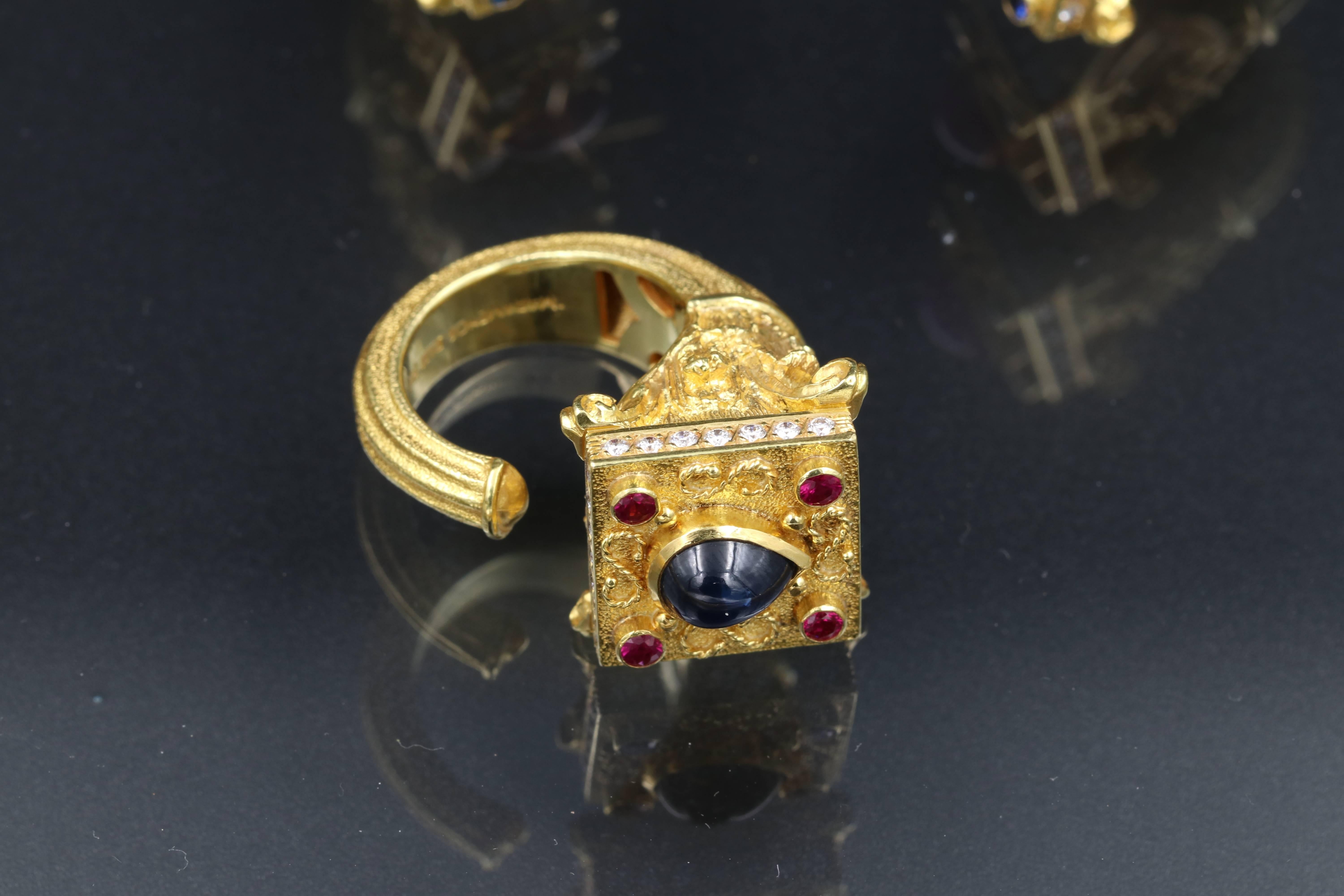 Round Cut Gold, Diamonds, Rubies and Sapphires Set by Maramenos