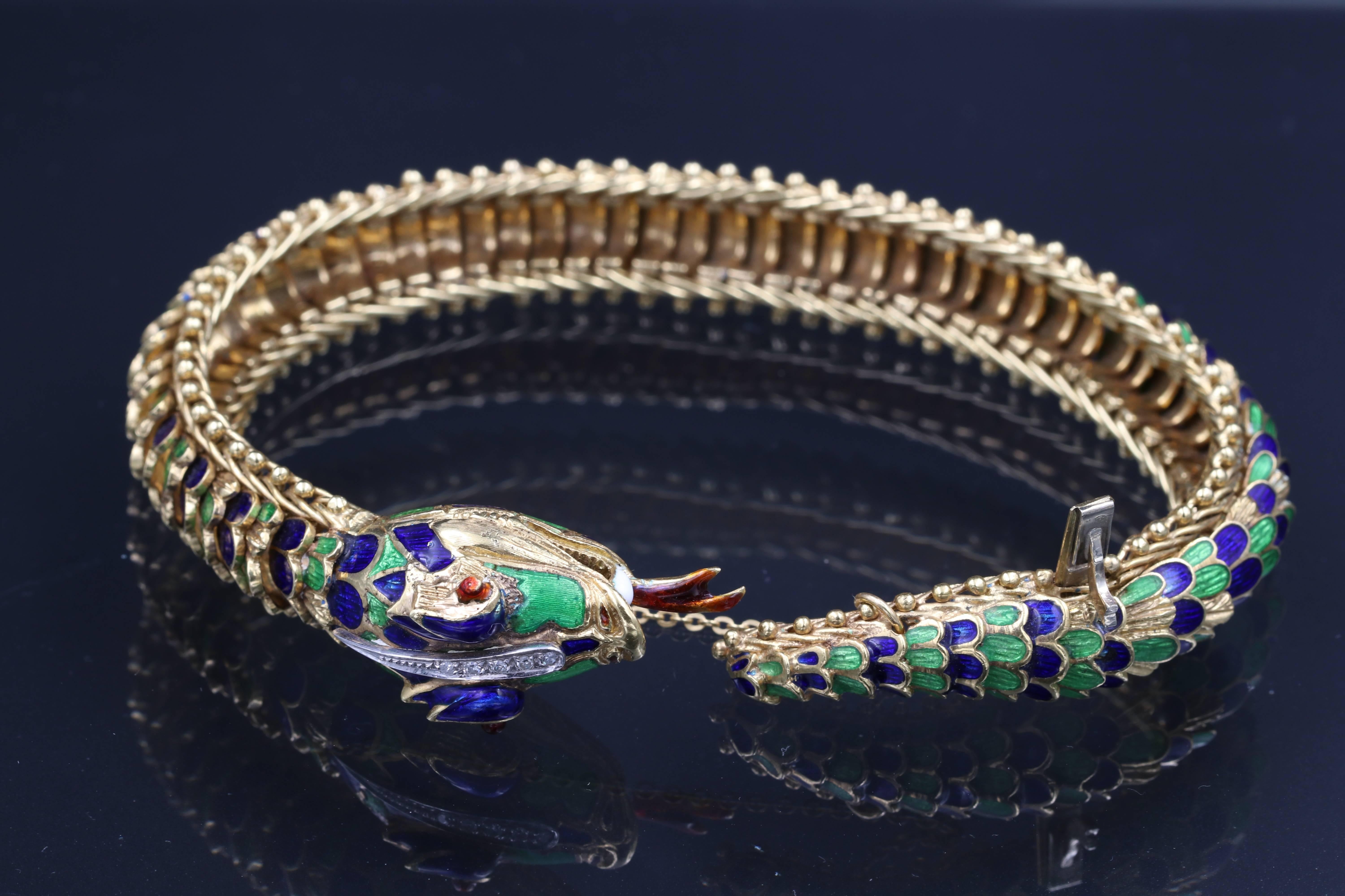 Women's Articulated Gold, Enamel and Diamonds Snake Bracelet