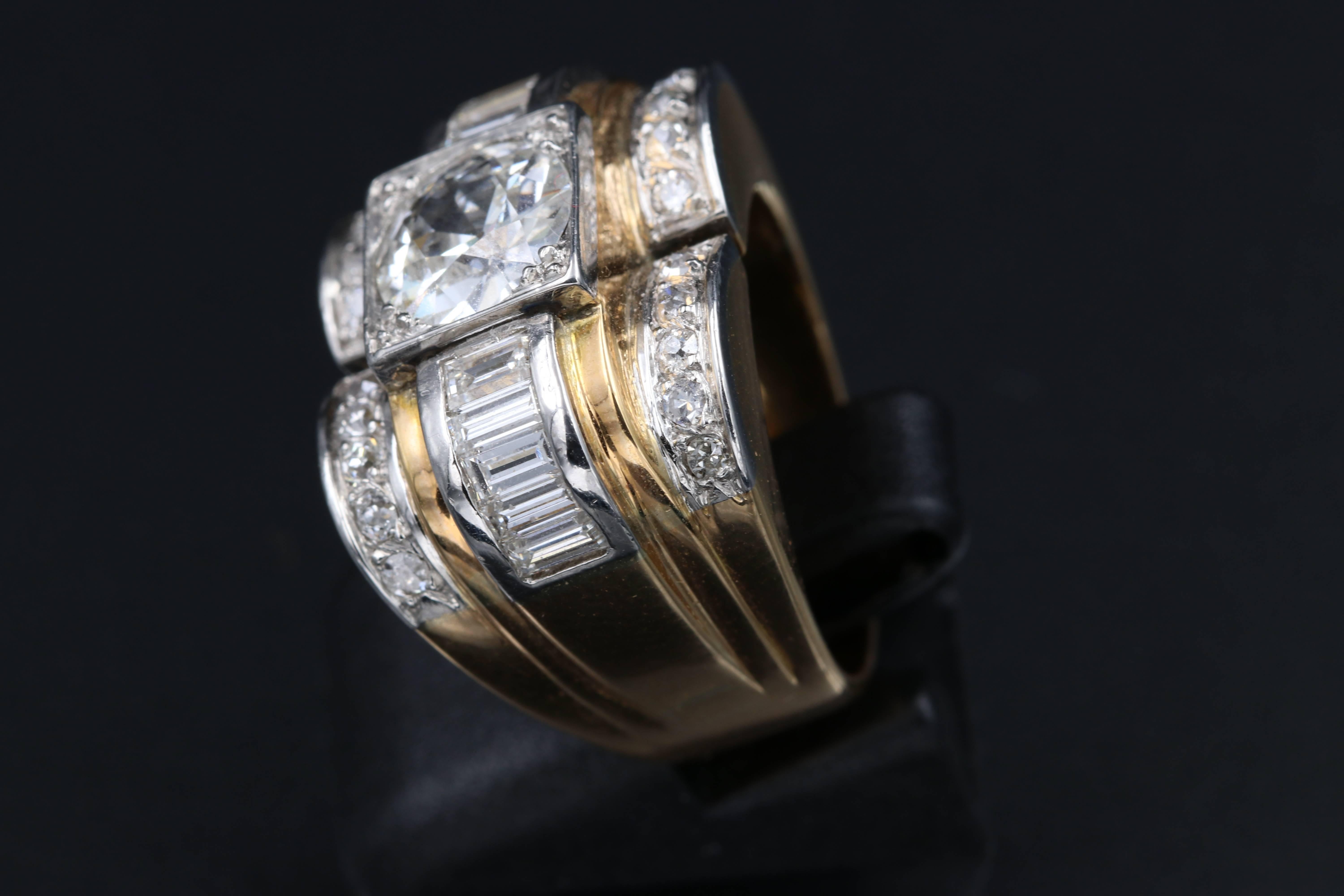 Art Deco Gold, Platinum and Diamonds Tank Ring, French Made
