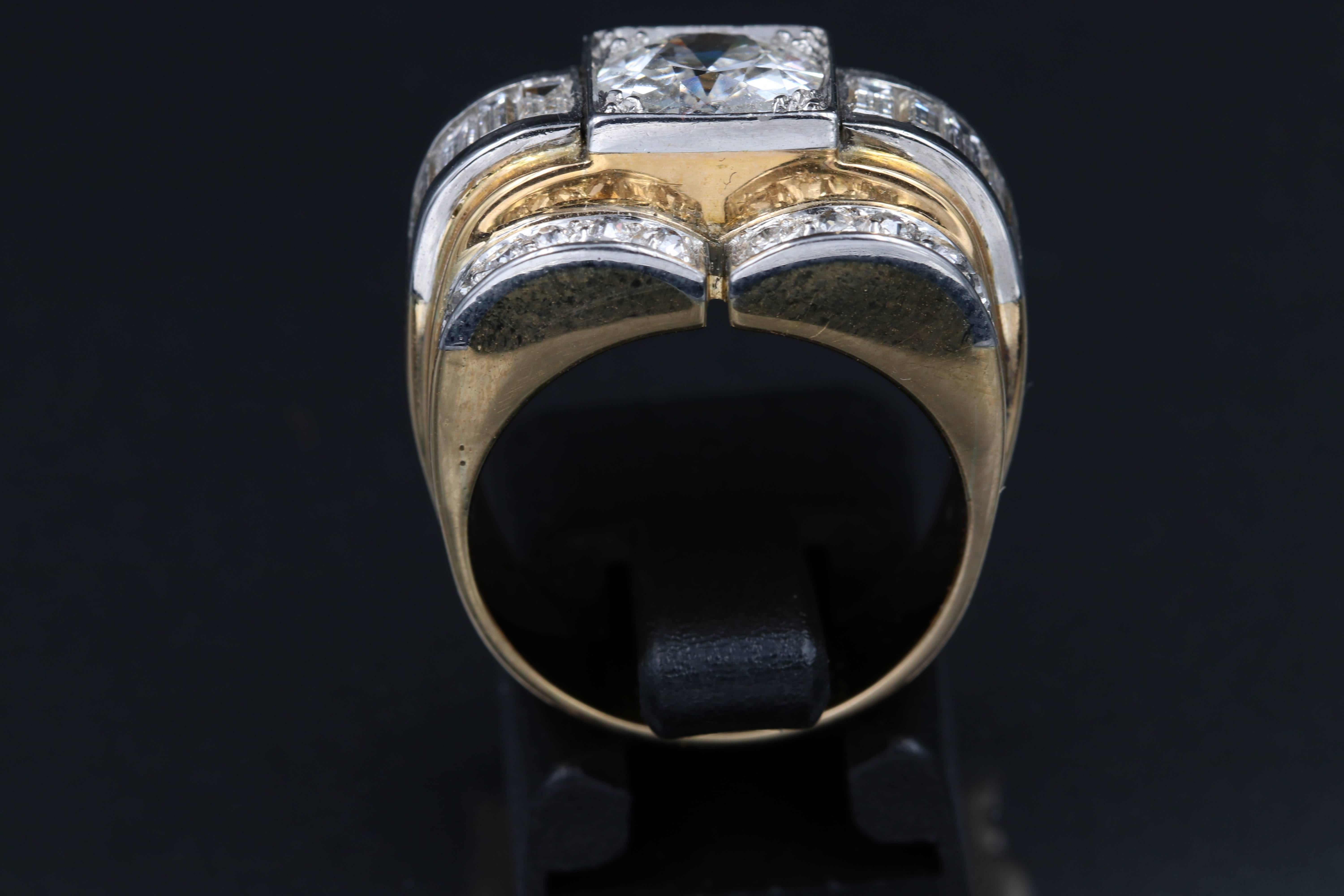 French Cut Gold, Platinum and Diamonds Tank Ring, French Made