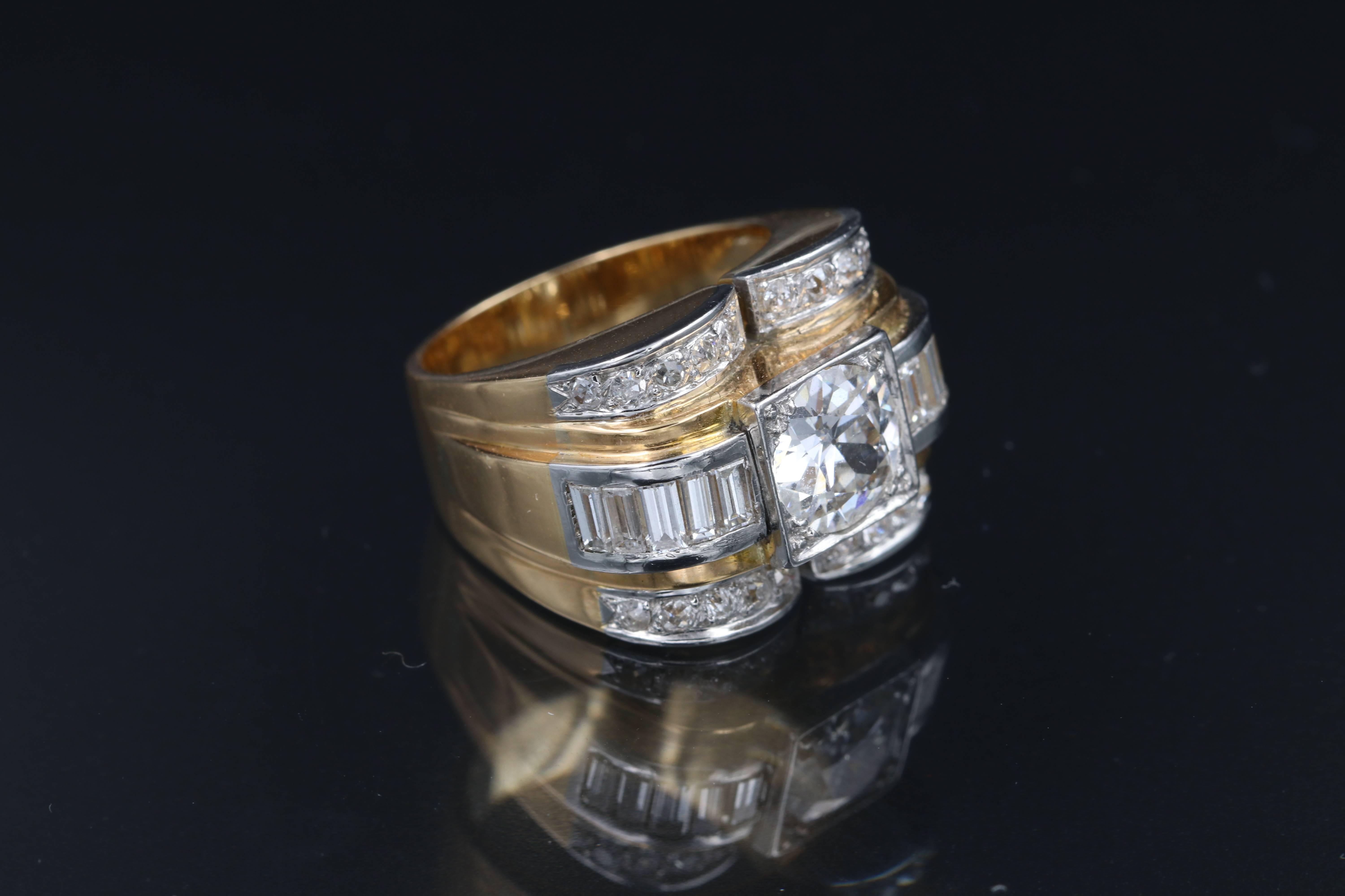Women's Gold, Platinum and Diamonds Tank Ring, French Made
