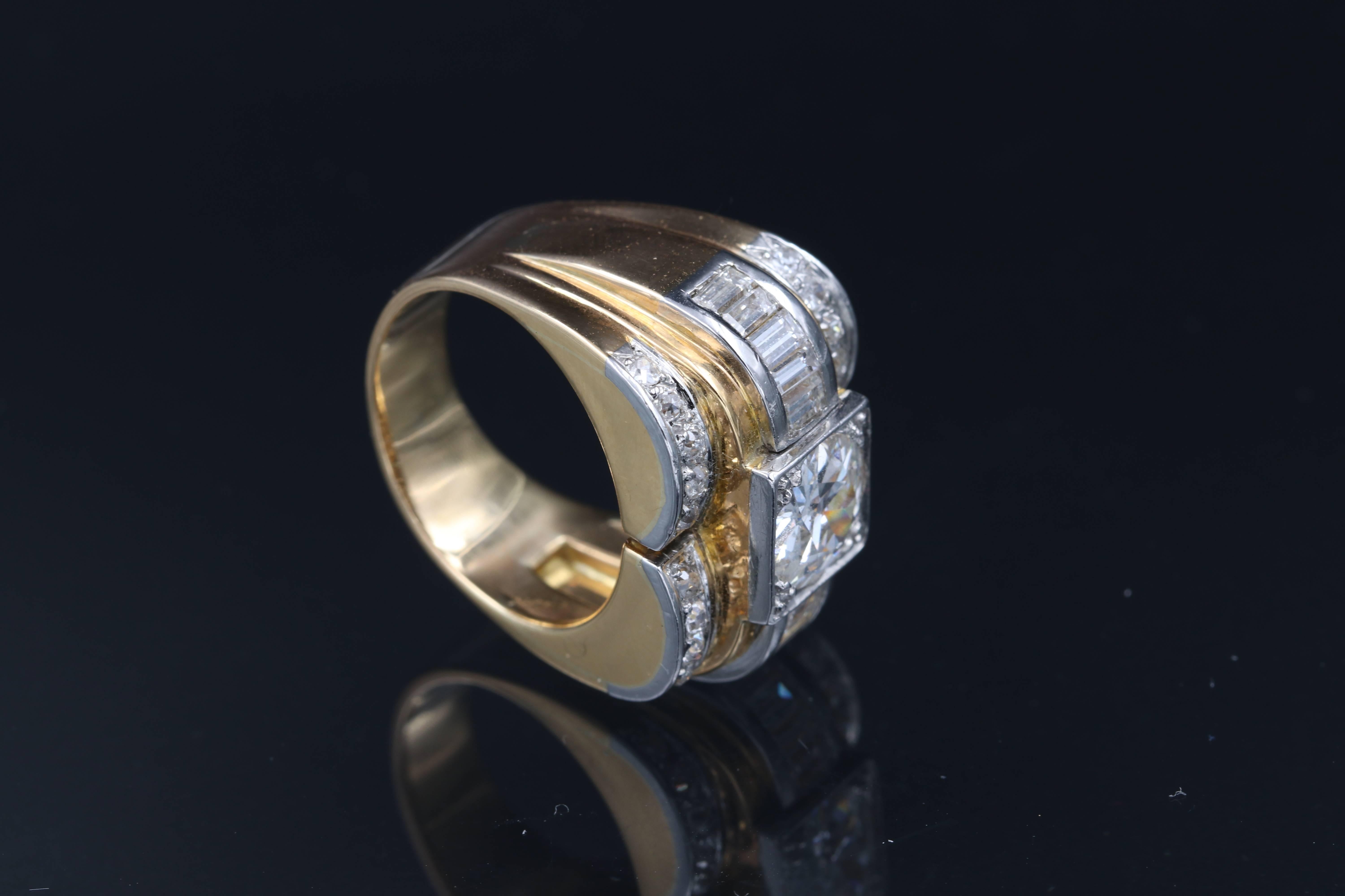 Gold, Platinum and Diamonds Tank Ring, French Made 1