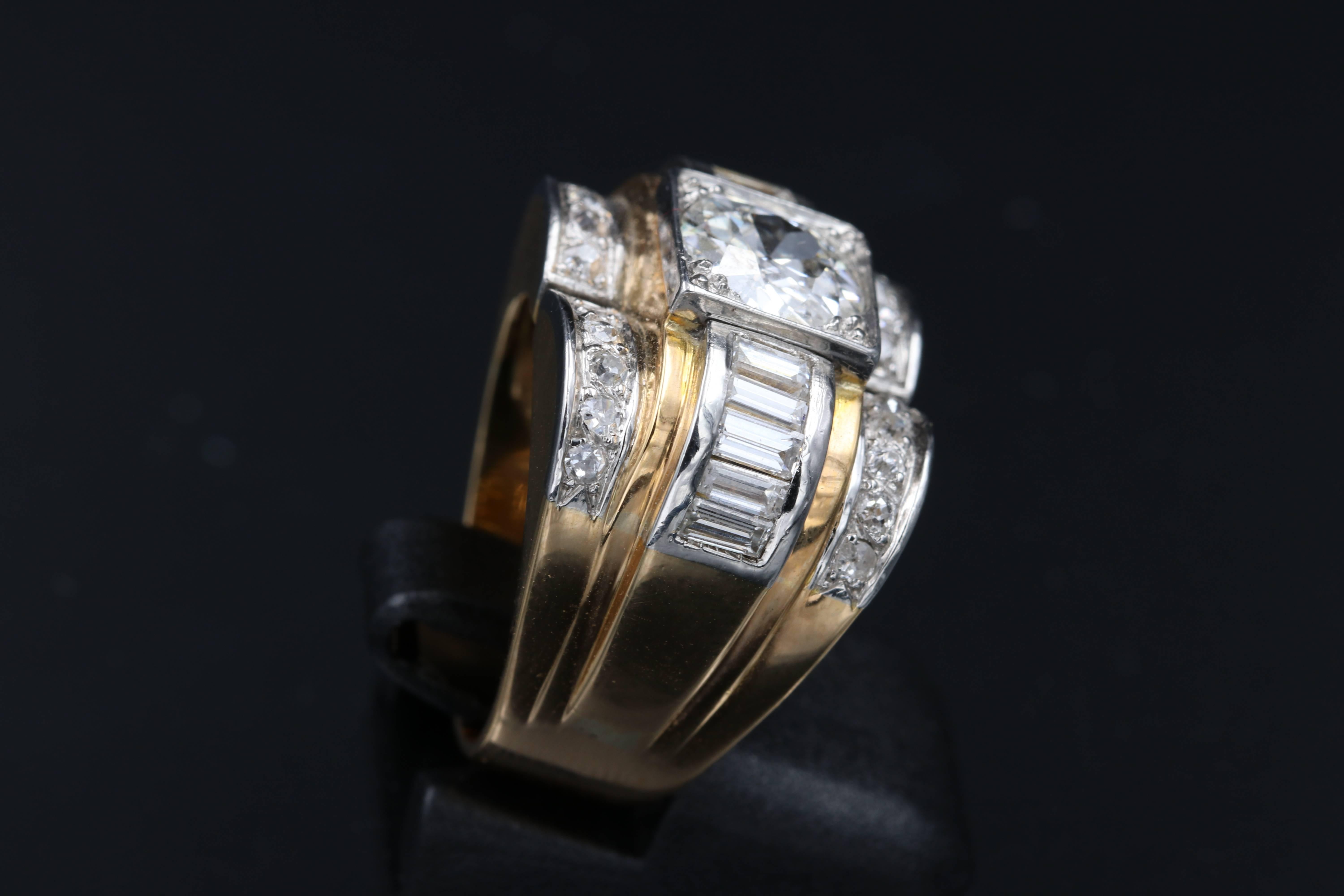 Gold, Platinum and Diamonds Tank Ring, French Made 2