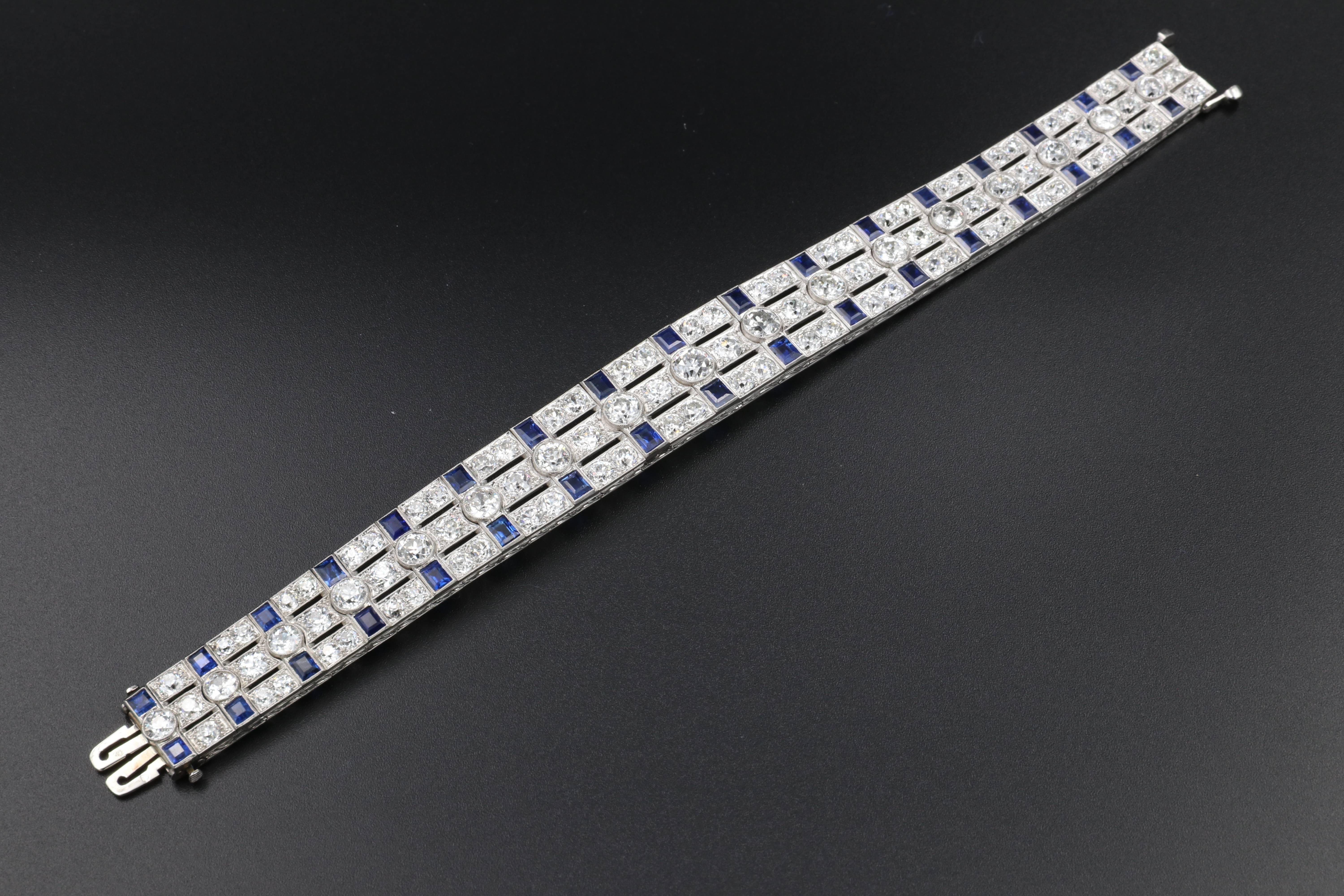 Exquisite French Art deco bracelet, circa 1925. Made of platinum, beautiful old French cut diamonds and natural sapphires. 
The bracelet has its original marks for the maker(SB) and platinum (dog).
The bracelet is in very good condition.
The quality