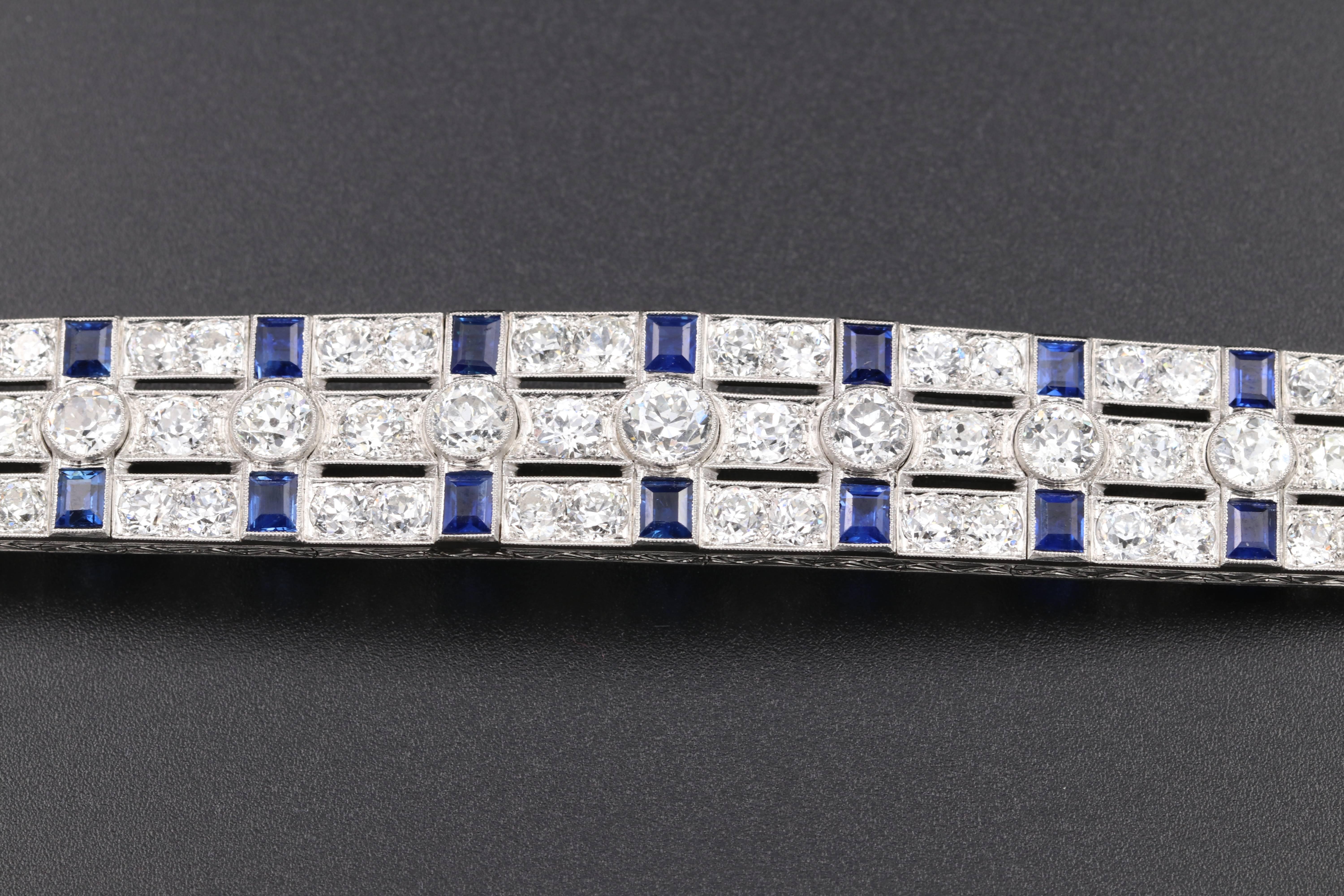 French Cut Platinum, Diamonds and Sapphires French Art Deco Bracelet