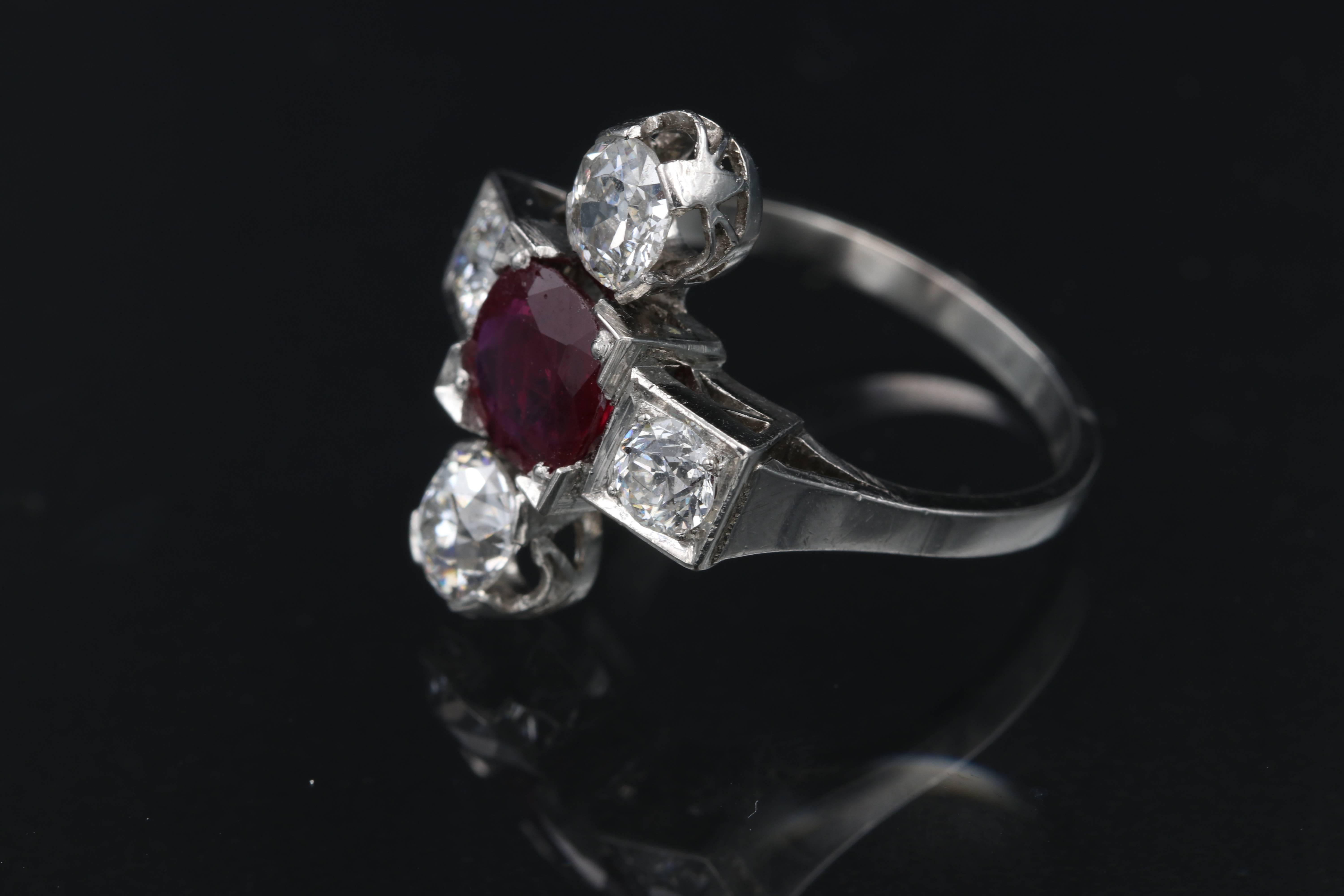 French Cut Platinum, Ruby and diamonds French Art Deco Ring