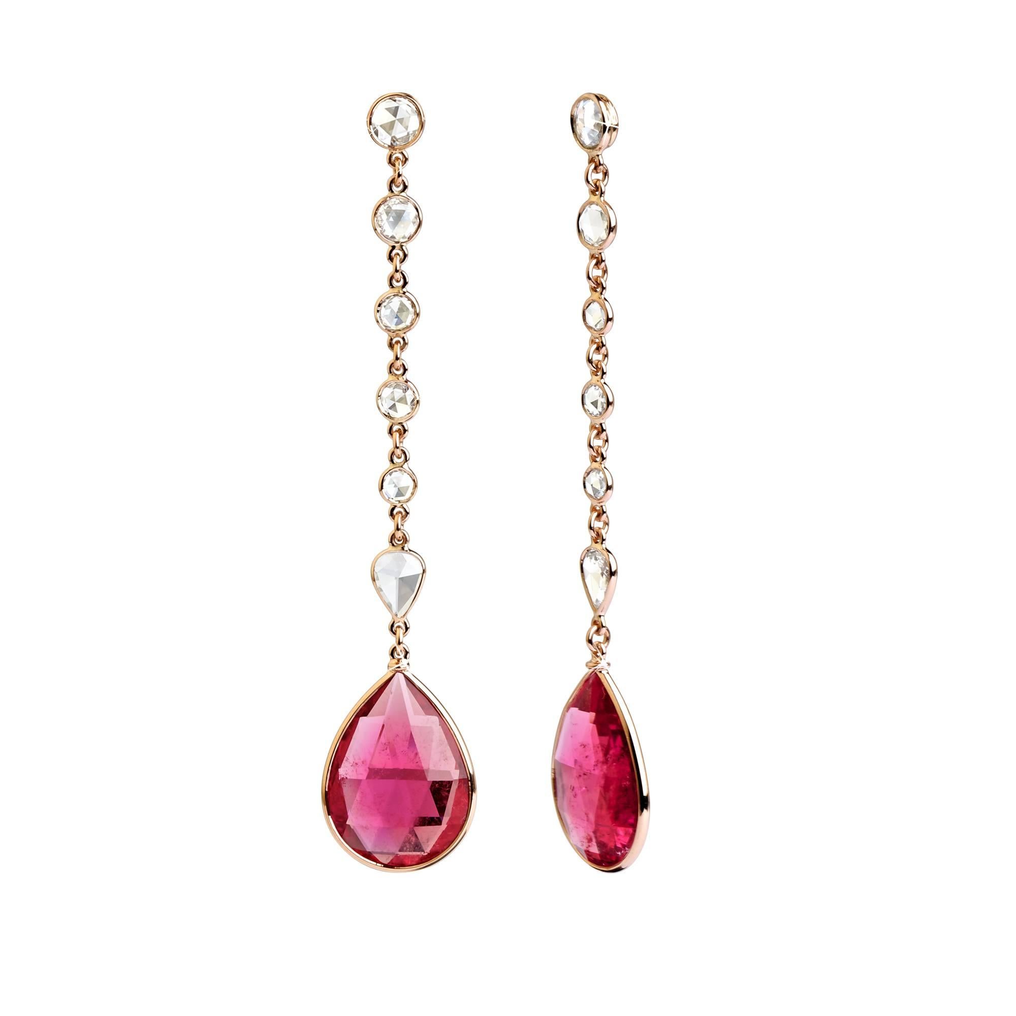 18 Karat Rose Gold 15.78 Carat Rubelite 2.31 Rose Cut Diamond Drop Earrings For Sale