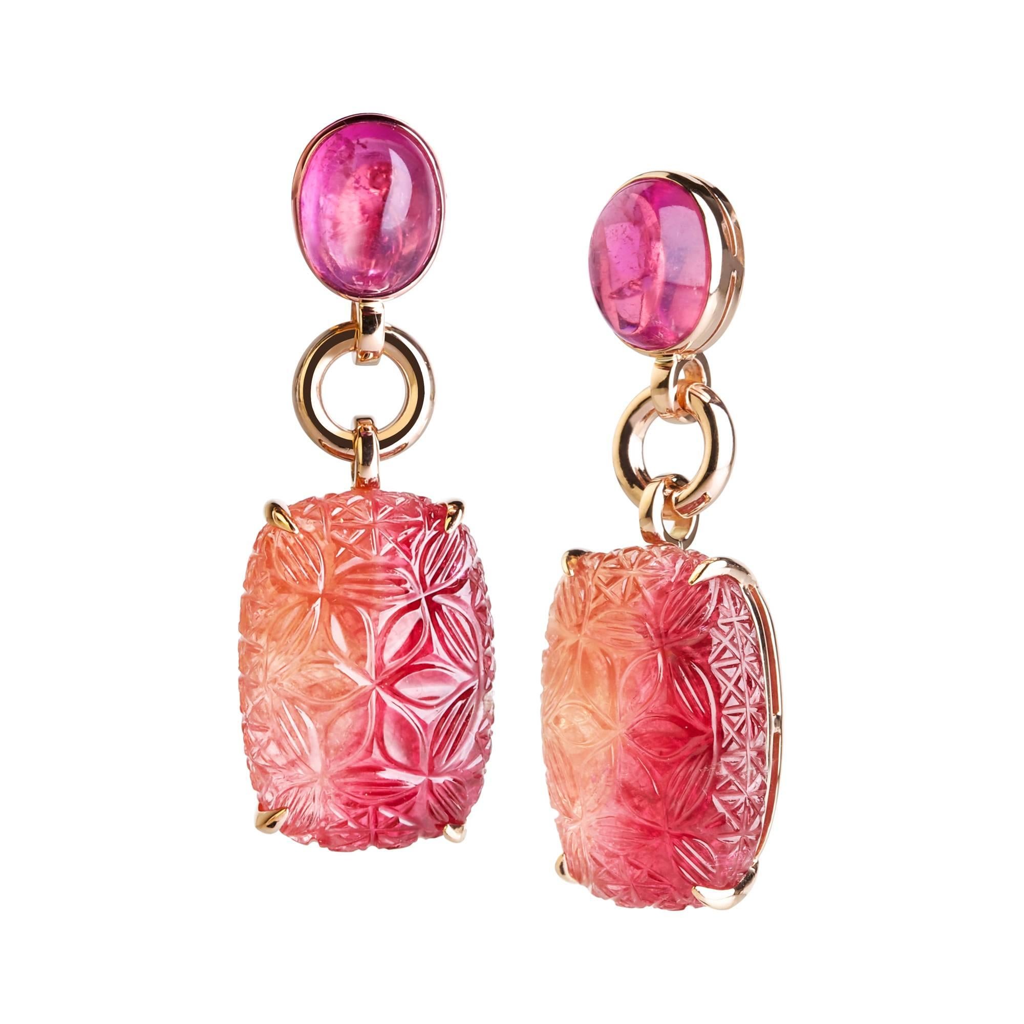 Pink Tourmaline Gold Drop Earrings For Sale