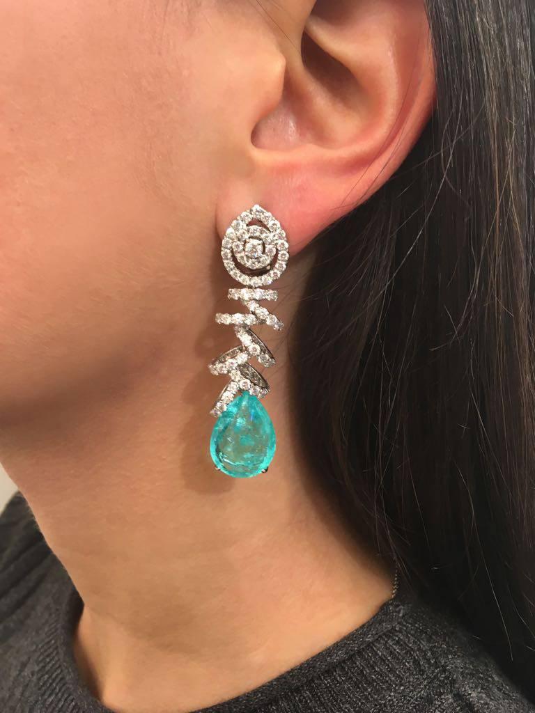 Pear Cut White Gold - 24.36ct Paraiba Tourmaline - 10.05ct Round Diamond Drop Earrings For Sale