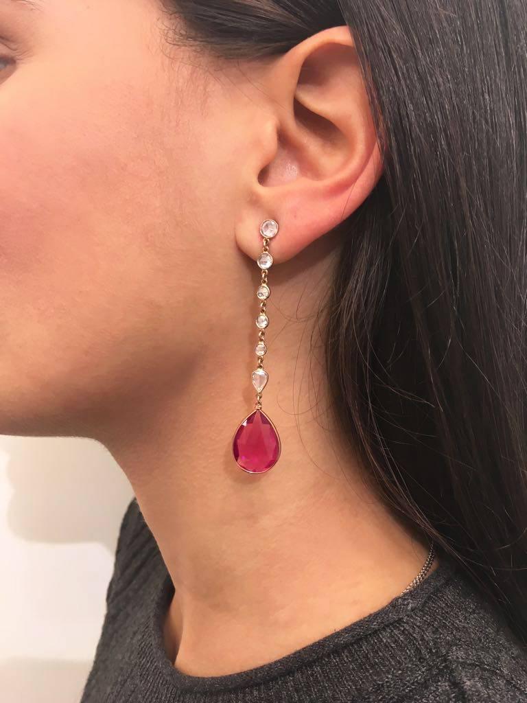 Contemporary 18 Karat Rose Gold 15.78 Carat Rubelite 2.31 Rose Cut Diamond Drop Earrings For Sale
