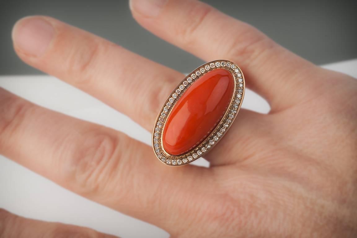 Oval Cut Mediterranean Coral, Round Diamonds, Valadier Fashion Ring For Sale
