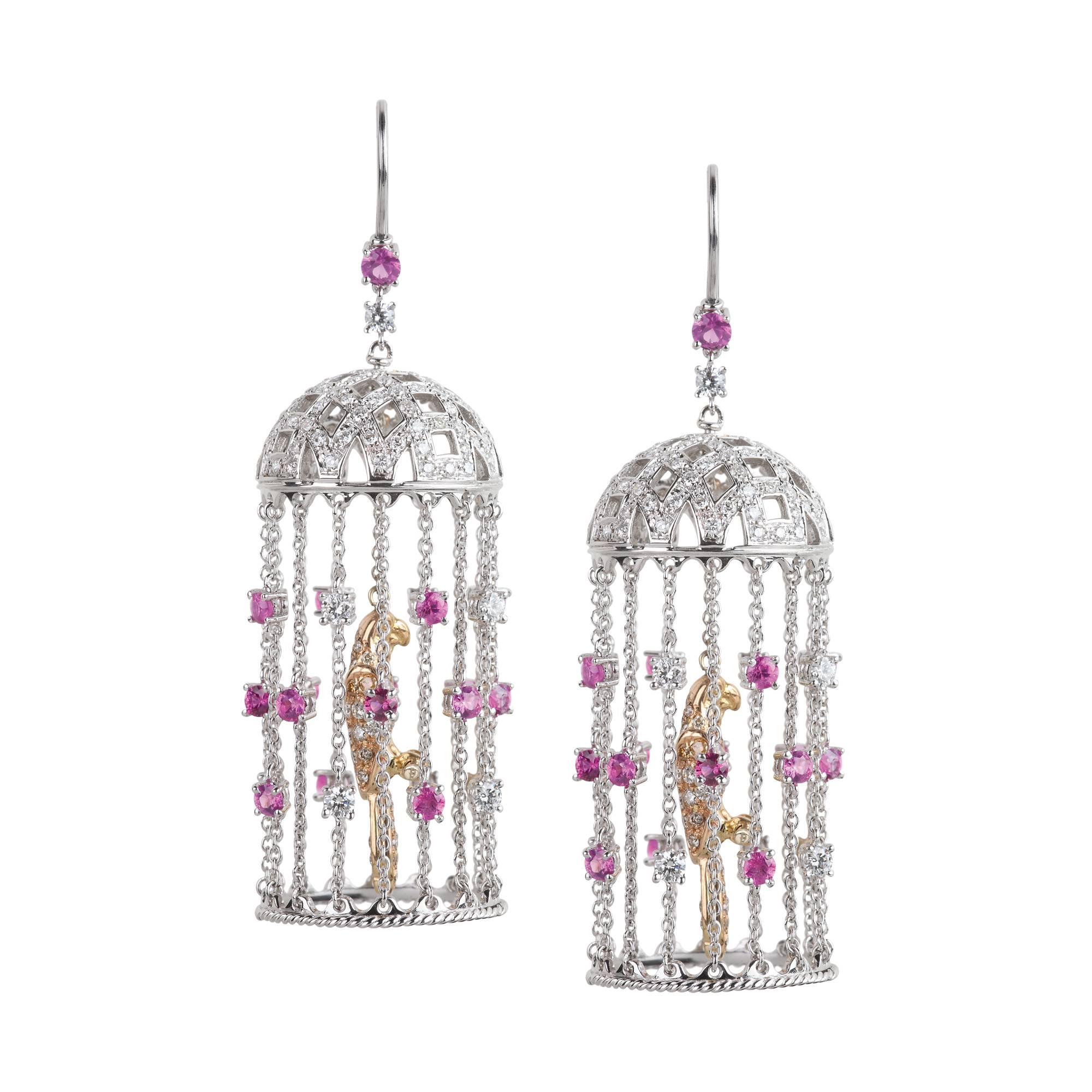 Valadier White and Yellow Gold Pink Sapphire Cage Dangle Drop Earrings For Sale