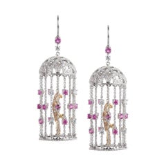 Valadier White and Yellow Gold Pink Sapphire Cage Dangle Drop Earrings