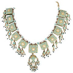 Indian Mughal-Style Enamel Turquoise Pearl Gold Necklace