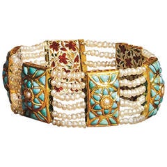 Indian Mughal-Style Enamel Turquoise Pearl Gold Bracelet