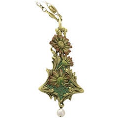 French Art Nouveau Plique-à-Jour Pearl Gold Pendant