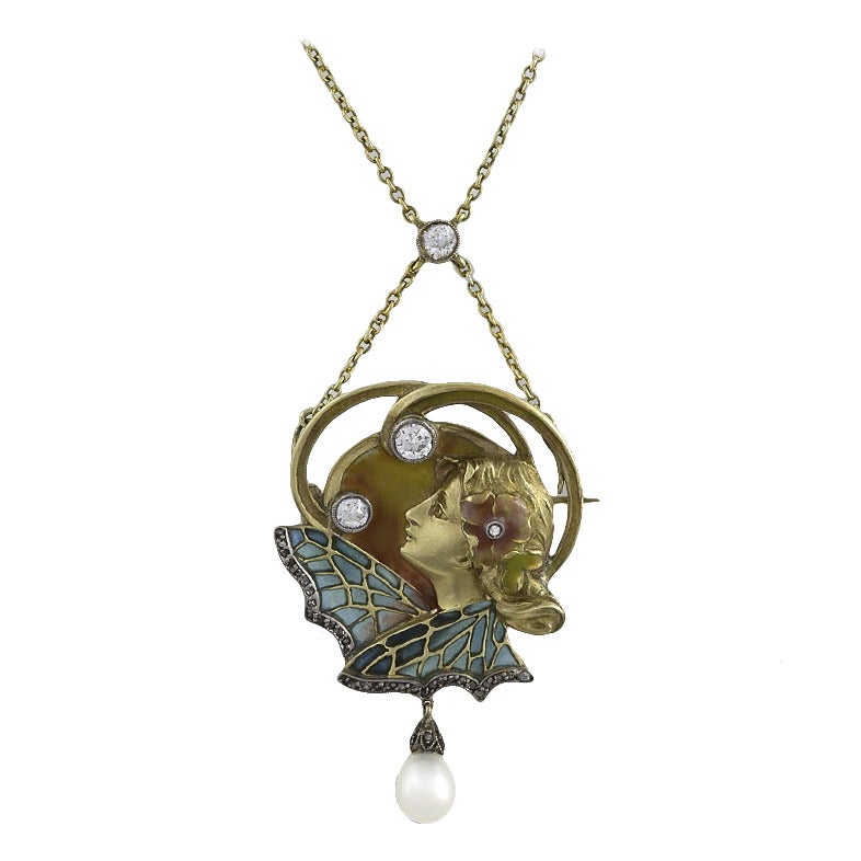 French Art Nouveau Plique-à-Jour Enamel Diamond Gold Maiden Necklace