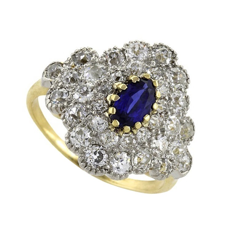 Antique Blue Sapphire Diamond Gold Platinum Ring