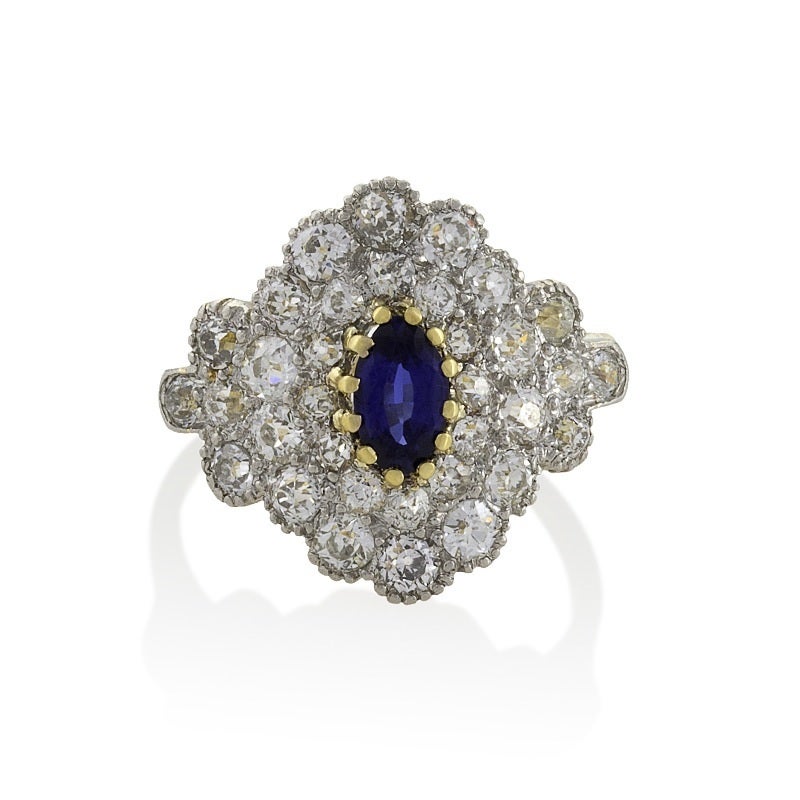 Antique Blue Sapphire Diamond Gold Platinum Ring