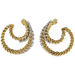Retro 1960s Diamond Gold Double Hoop Earrings