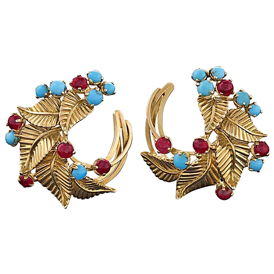 Marchak Paris Mid-Century Turquoise Ruby Gold Earrings