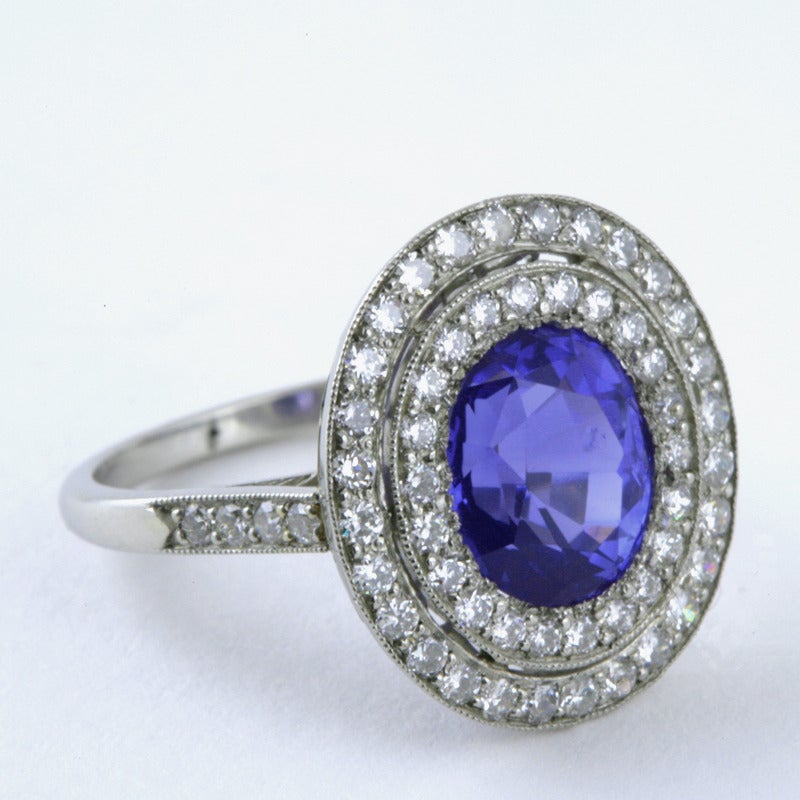 Blue Sapphire Diamond and Platinum Cluster Ring For Sale at 1stdibs
