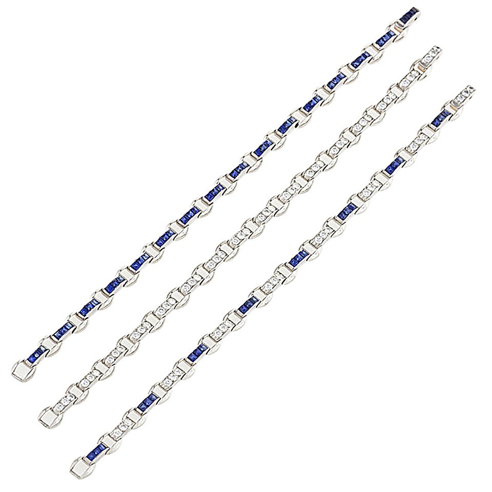 Oscar Heyman Suite of Three Sapphire Diamond Platinum Bracelets