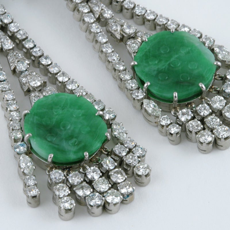 Art Deco Diamond Jadite Jade Platinum Earrings In Excellent Condition In New York, NY
