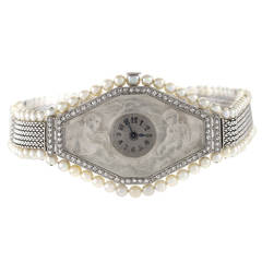 Antique Paul Brandt Lady's Platinum Belle Epoque Rock Crystal Pearl Diamond Wristwatch