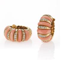 Van Cleef & Arpels Mid-20th Century Coral, Diamond and Gold Earrings, Paris