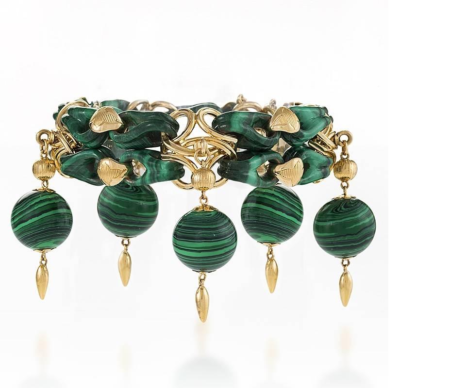 French Antique Malachite and Gold Bracelet In Excellent Condition In New York, NY