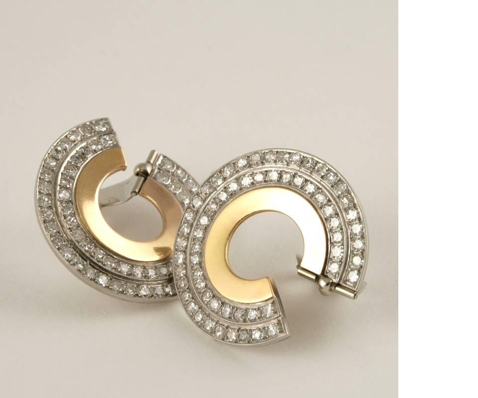 French 1930's Art Deco Diamond and Gold Earring In Excellent Condition In New York, NY