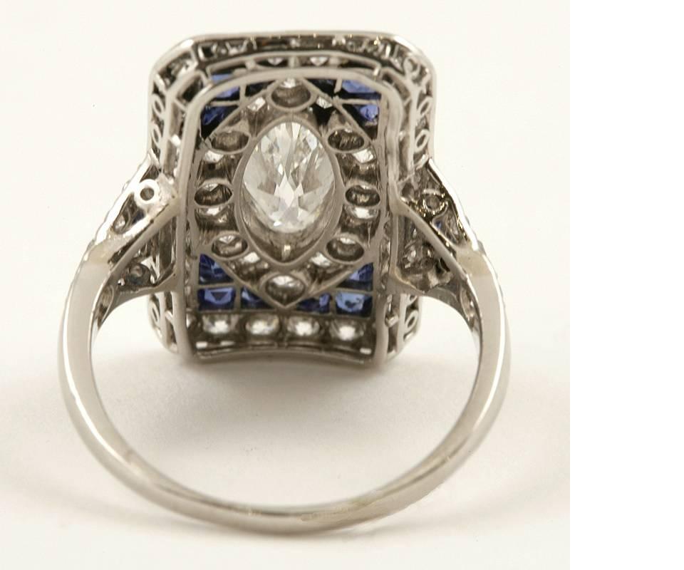 1920's Art Deco Diamond Sapphire and Platinum Plaque Ring In Excellent Condition In New York, NY
