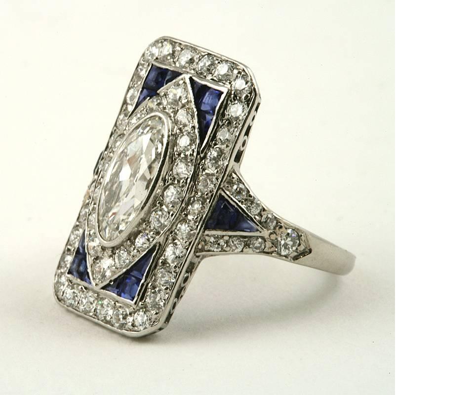 Women's 1920's Art Deco Diamond Sapphire and Platinum Plaque Ring