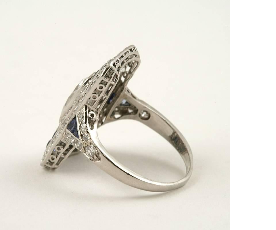 Oval Cut 1920's Art Deco Diamond Sapphire and Platinum Plaque Ring