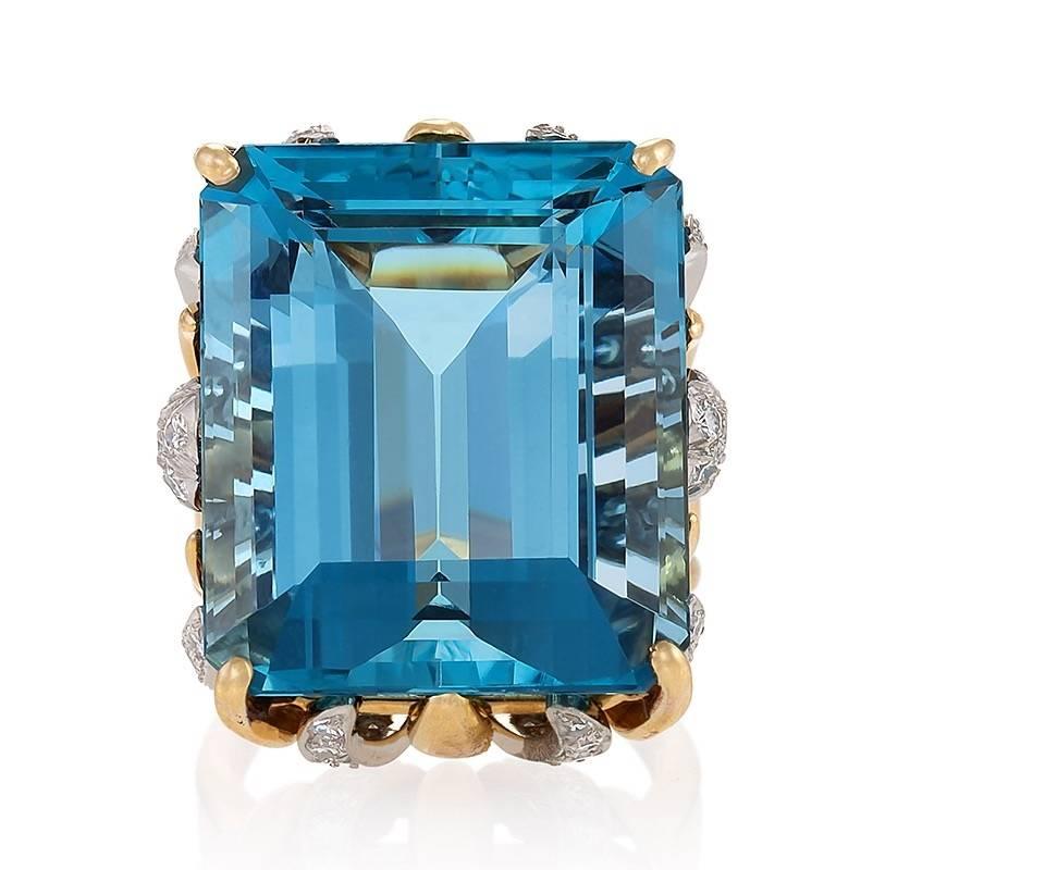 Ruser 1960's Aquamarine Diamond Gold and Platinum Ring In Excellent Condition In New York, NY
