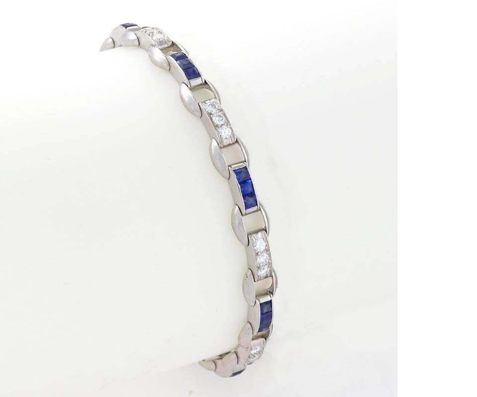 An American Estate platinum bracelet with diamonds and sapphires attributed to Oscar Heyman. The diamond and sapphire bracelet has 24 round-cut diamonds with an approximate total weight of 1.20 carats and 24 calibre-cut sapphires with an approximate