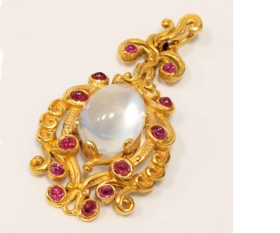 Women's Late 19th Century Moonstone Ruby and Gold Pendant For Sale