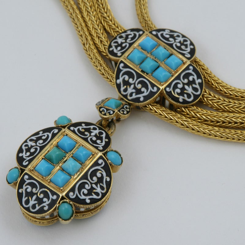 Antique French Enamel Turquoise Gold Locket Bracelet In Excellent Condition In New York, NY