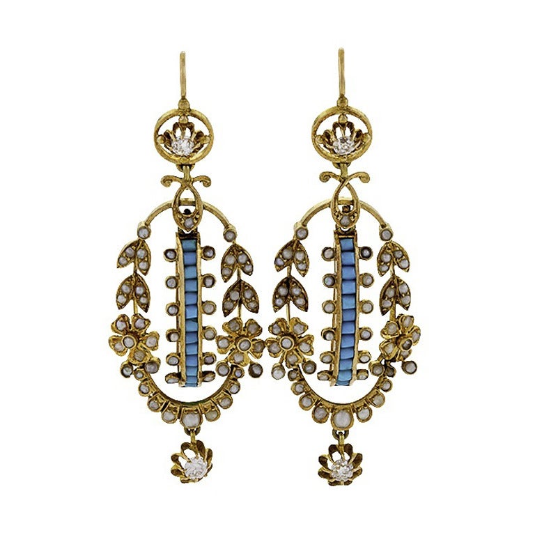 Antique Seed Pearl Turquoise Diamond Earrings