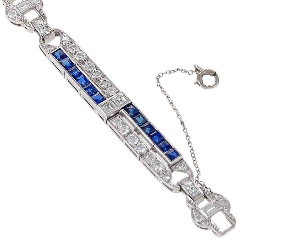 Waslikoff 1920's Art Deco Diamond, Sapphire and Platinum Bracelet In Excellent Condition In New York, NY