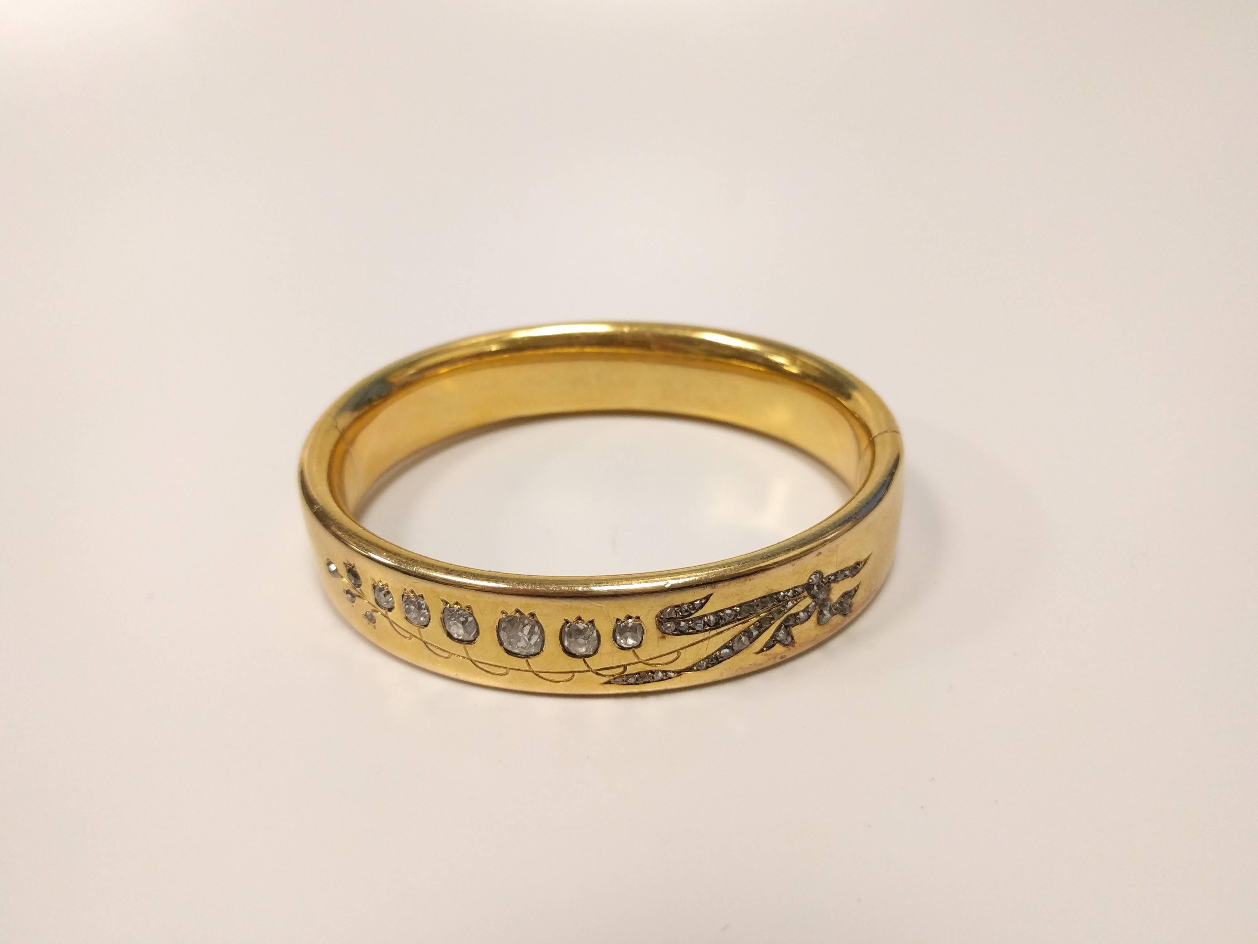 Antique French Diamond and Gold Lily of the Valley Bangle Bracelet In Excellent Condition In New York, NY