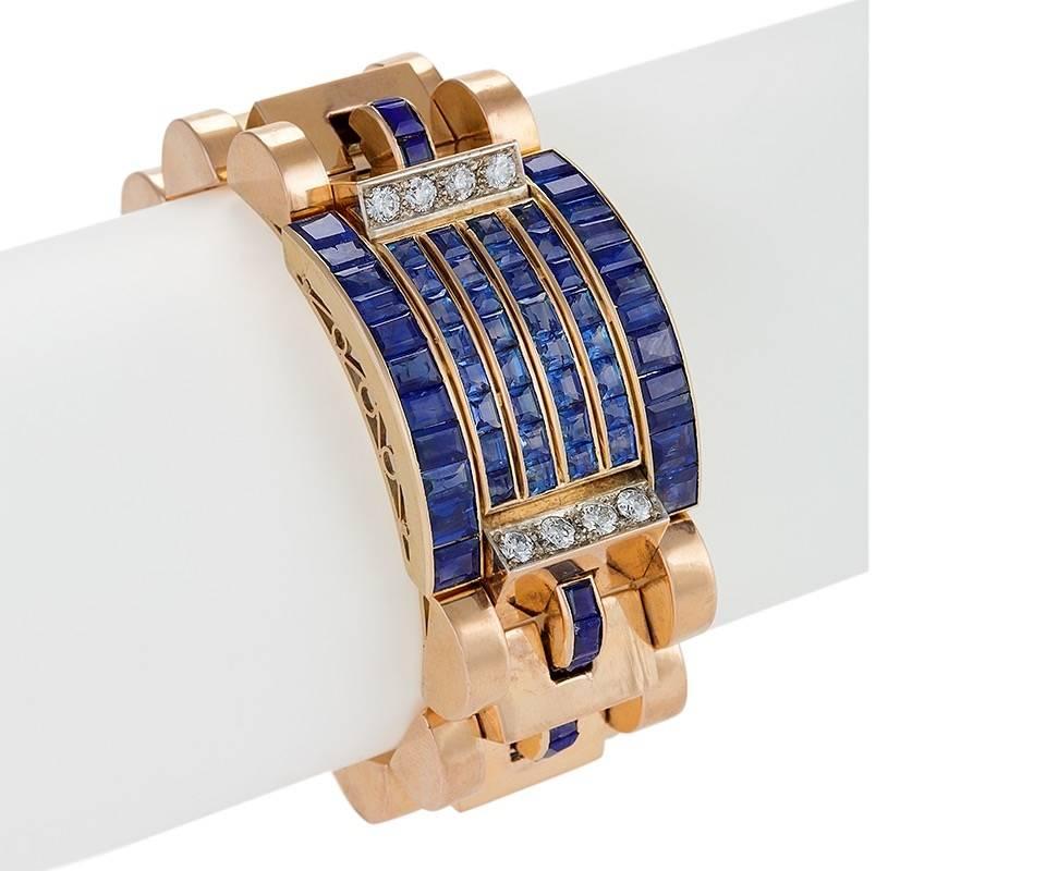 Retro Diamond, Sapphire and Gold Bracelet In Excellent Condition In New York, NY