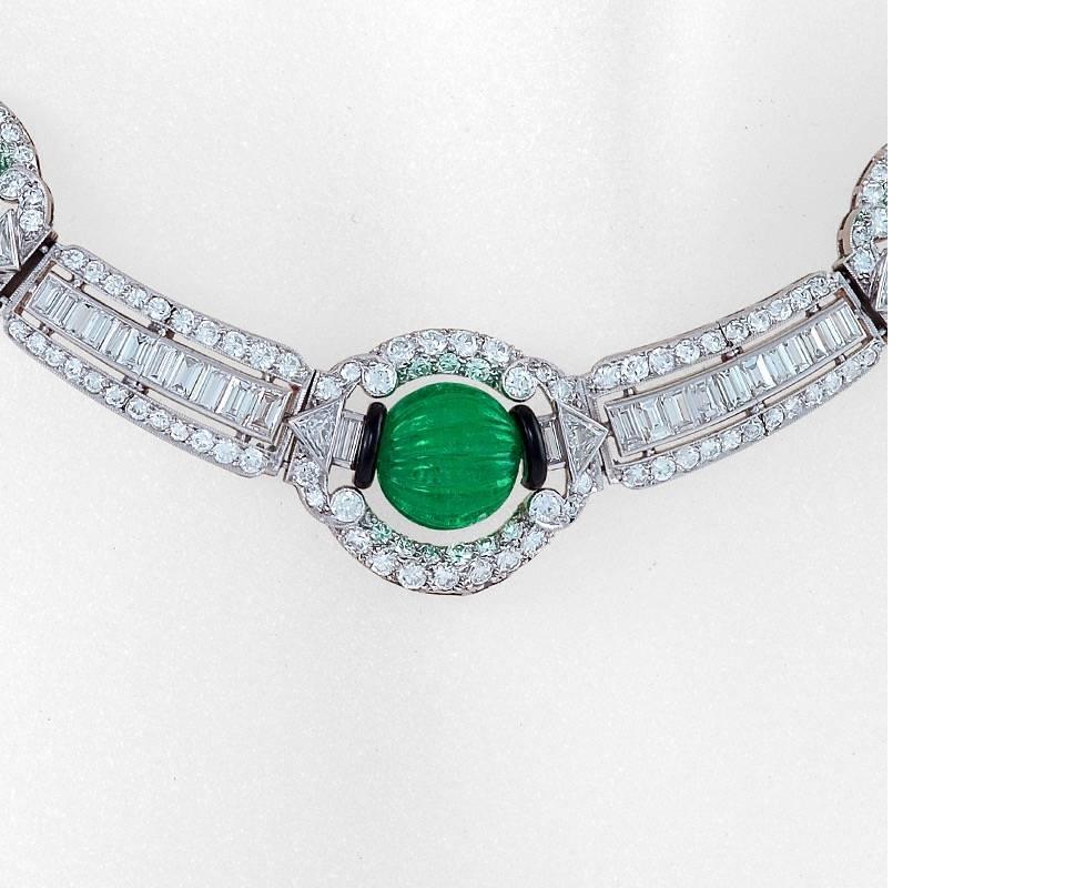 Art Deco Carved Emerald Bead and Diamond Collar Necklace 