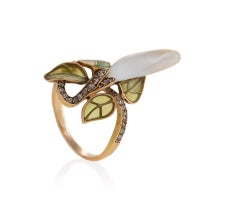 Le Turcq French Art Nouveau Diamond Pearl Gold and Enamel Ring