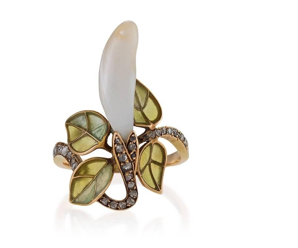 Le Turcq French Art Nouveau Diamond Pearl Gold and Enamel Ring In Excellent Condition In New York, NY